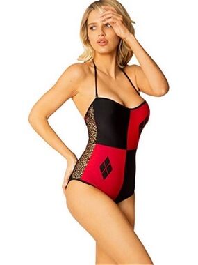 Dc Comics Harley Quinn Cosplay Diamond Mesh Net Panel One-Piece Swimsuit. Size M